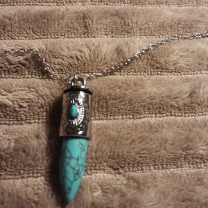 Hand Crafted Turquoise Bullet Necklace Silver Tone  24" Long